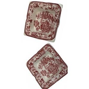 Vintage Royal Staffordshire Ceramic Square Plates -Red Floral and Scenic Design
